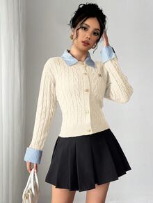 SHEIN 时尚博主风格二合一拼布针织开衫 - 米色 - 查看 4