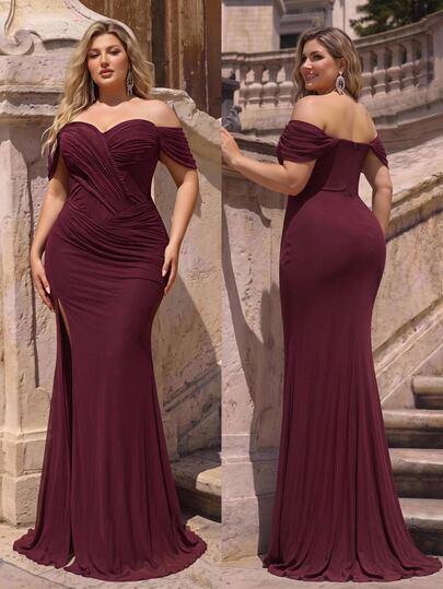 Glamrae Vestido de Noche Elegante Talla Grande Color Borgoña Brillante Malla Sin Tirantes Un Hombro Delantero Estilizador Plisado Decoración de Cuerda Tejida a Mano Recorte en la Cintura Largo hasta el Suelo Estilo Sirena Adecuado para Citas Fiestas Individuales Bodas Eventos Fiestas de Noche Vestido de Dama de Honor Todas las Ocasiones Formales Vestido de Noche para Mujer