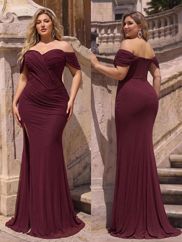 Glamrae Plus Size Elegant Burgundy Glossy Mesh Strapless One Shoulder Front Slimming Pleated Hand-Woven Rope Decor Waist Cutout Floor Length Mermaid Dress Suitable For Date Single Party Wedding Event Evening Party Bridesmaid Dress All Formal Occasions Women Evening Gown