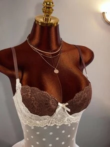 Amplova 女款蕾絲拼接網紗波點半透修身復古性感緊身迷你洋裝，棕色與白色波點，適合夜生活約會之夜，夏季穿搭 - 棕色 - 查看 12