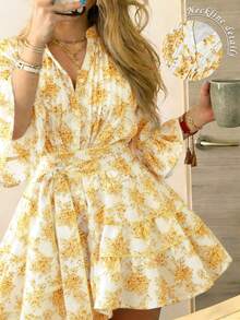 Cévolie Women's Fashion Casual Elegant Romantic Vacation Printed Button Dress - Yellow - View 1