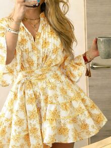 Cévolie Women's Fashion Casual Elegant Romantic Vacation Printed Button Dress - Yellow - View 3