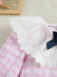 SHEIN 新生女嬰格子兔圖案連身衣 荷葉領長袖秋季套裝 0-1歲 - 粉色 - 查看 4