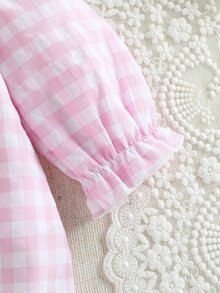 SHEIN 新生女嬰格子兔圖案連身衣 荷葉領長袖秋季套裝 0-1歲 - 粉色 - 查看 7