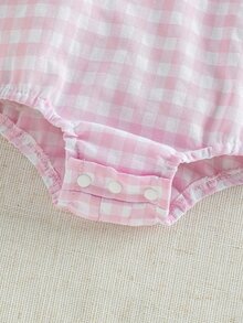 SHEIN 新生女嬰格子兔圖案連身衣 荷葉領長袖秋季套裝 0-1歲 - 粉色 - 查看 8
