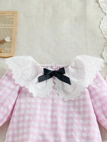 SHEIN 新生女嬰格子兔圖案連身衣 荷葉領長袖秋季套裝 0-1歲 - 粉色 - 查看 5