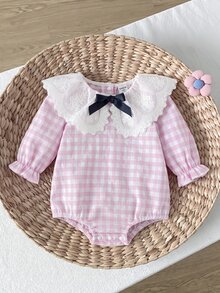 SHEIN 新生女嬰格子兔圖案連身衣 荷葉領長袖秋季套裝 0-1歲 - 粉色 - 查看 2