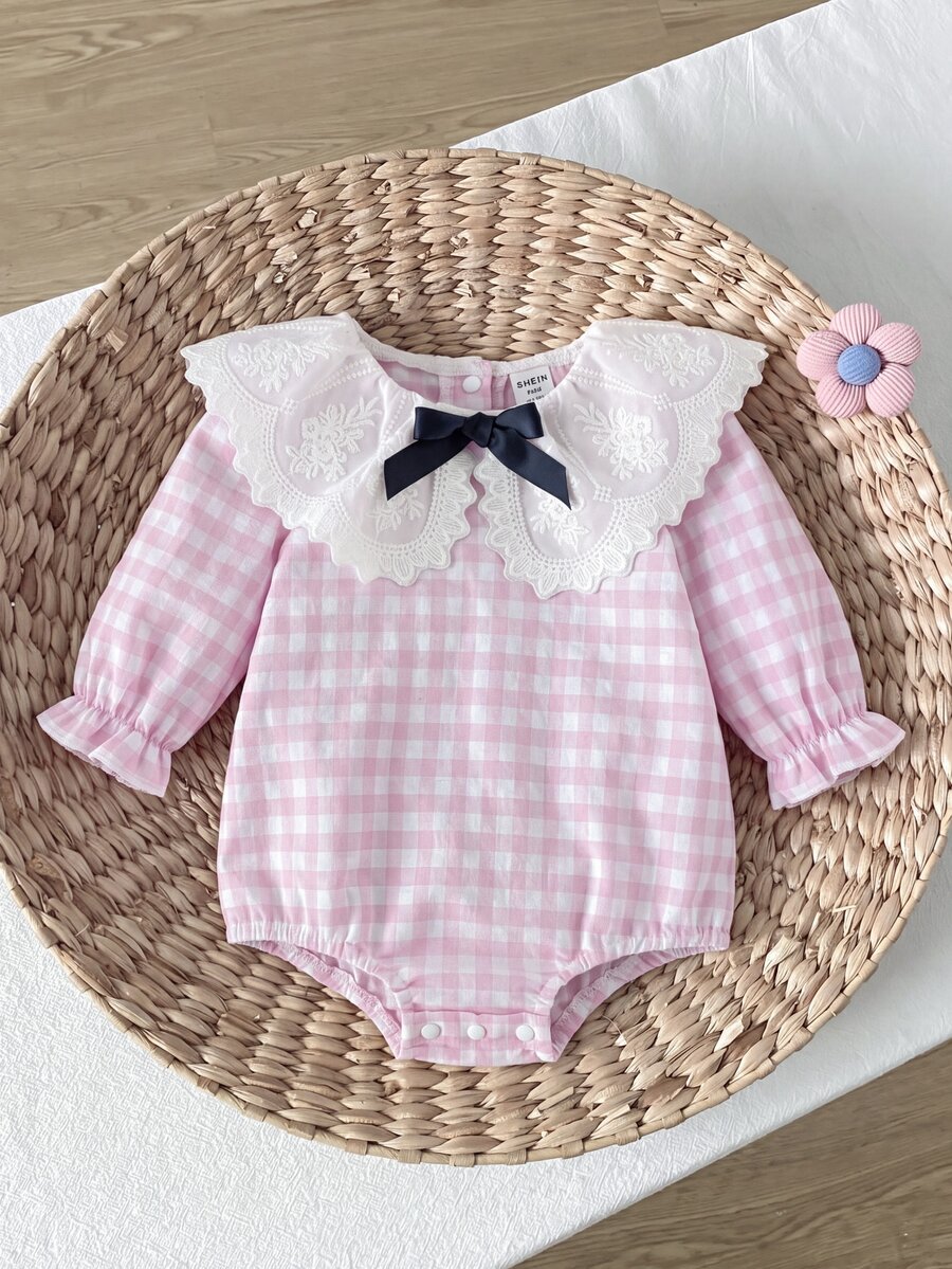 SHEIN 新生女嬰格子兔圖案連身衣 荷葉領長袖秋季套裝 0-1歲