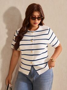 Elaquor Plus Size Colorblock Striped Short Sleeve Knit Top, Spring/Summer - Multicolor - View 4
