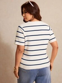 Elaquor Plus Size Colorblock Striped Short Sleeve Knit Top, Spring/Summer - Multicolor - View 2