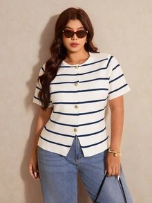 Elaquor Plus Size Colorblock Striped Short Sleeve Knit Top, Spring/Summer - Multicolor - View 6