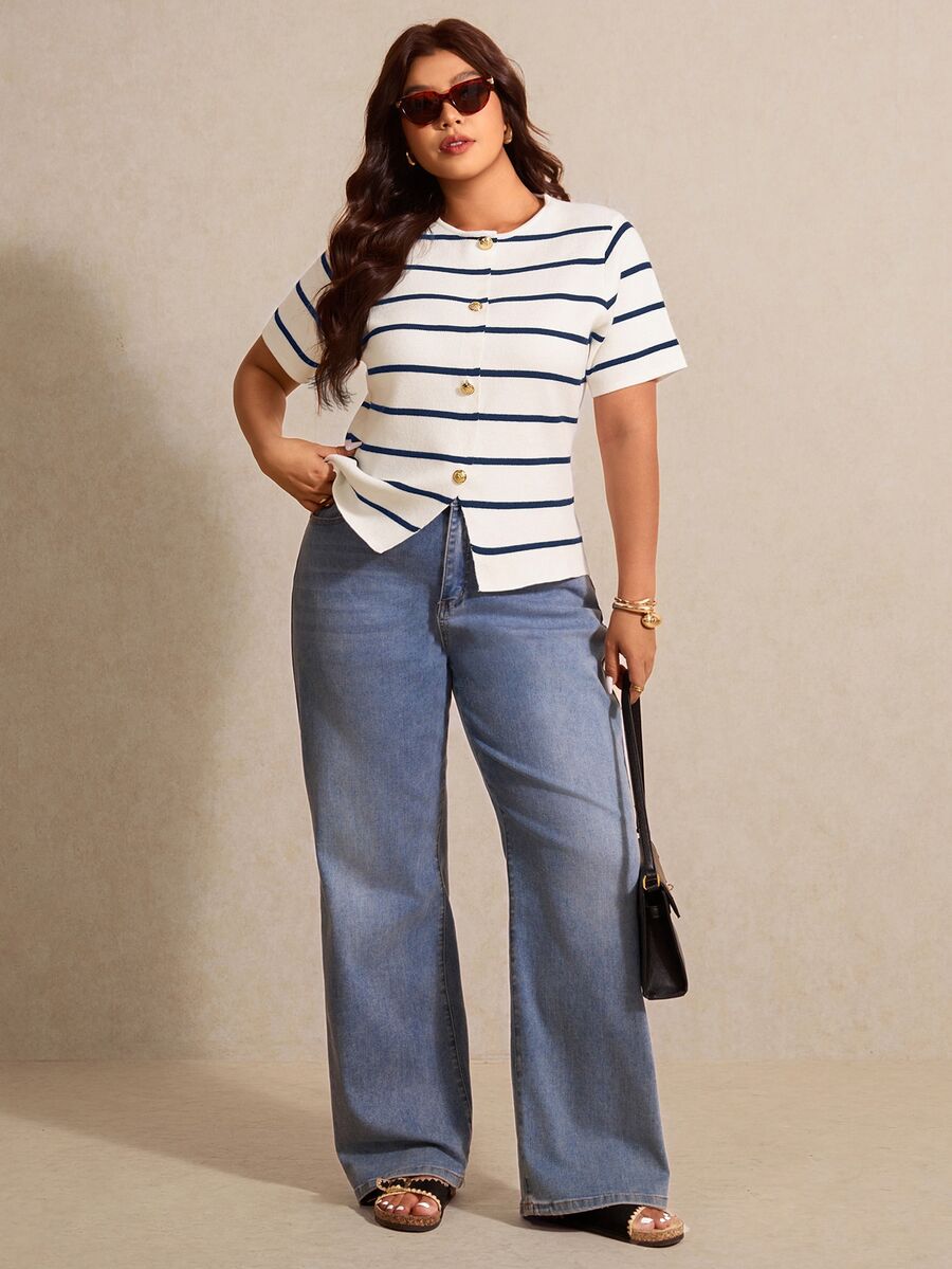 Elaquor Plus Size Colorblock Striped Short Sleeve Knit Top, Spring/Summer - Multicolor - View 1