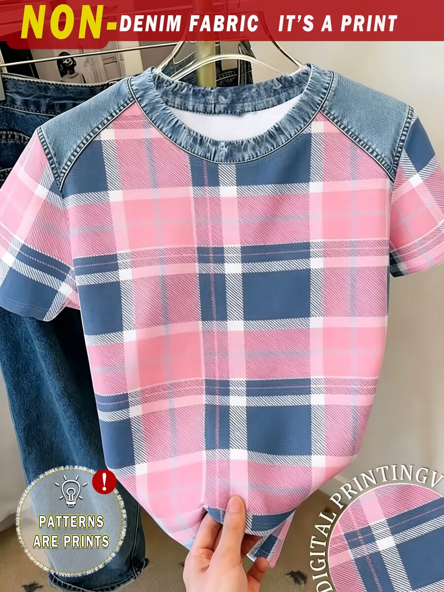 Elladie kids 春夏秋女童青少年時尚創意個性粉藍格紋破洞花卉印花休閒基礎短袖T恤 - 彩色 - 查看 1