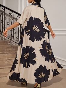 SHEIN Lady 女款花卉印花短袖開襟衫與長褲休閒優雅兩件套，米色黑色夏季女士海灘度假早午餐穿搭 - 彩色 - 查看 2