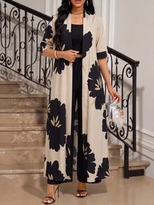 SHEIN Lady 女款花卉印花短袖開襟衫與長褲休閒優雅兩件套，米色黑色夏季女士海灘度假早午餐穿搭 - 彩色 - 查看 3