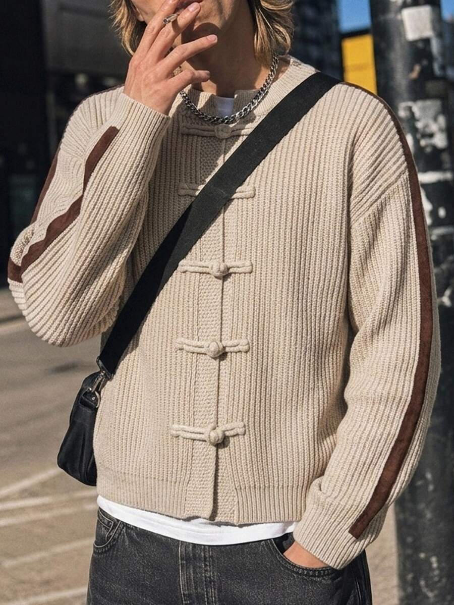 Manfinity EMRG Men Contrast Side Seam Drop Shoulder Cardigan - Apricot - View 1