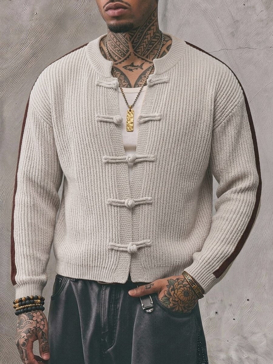 Manfinity EMRG Men Contrast Side Seam Drop Shoulder Cardigan - Apricot - View 1