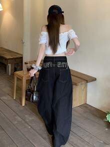 DAZY Women's Striped Pocket Wide Leg Loose Casual Denim Jeans Fall - Black - View 2