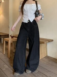 DAZY Women's Striped Pocket Wide Leg Loose Casual Denim Jeans Fall - Black - View 5