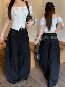 DAZY Women's Striped Pocket Wide Leg Loose Casual Denim Jeans Fall - Black - View 9