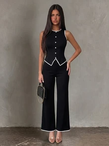Vavine 2pcs Black & White Contrast Color Elegant Metal Button Sleeveless Lightweight Women Set - Black and White - View 8