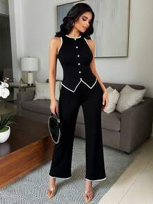 Vavine 2pcs Black & White Contrast Color Elegant Metal Button Sleeveless Lightweight Women Set - Black and White - View 7