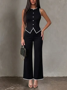 Vavine 2pcs Black & White Contrast Color Elegant Metal Button Sleeveless Lightweight Women Set - Black and White - View 1