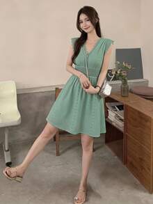 SHEIN Frenchy Women's Solid Color V-Neck Ruffled Hem Casual Mini Dress,Summer DressesSpring Clothes Green Christmas Beach Vacation Holiday Resort - Green - View 1