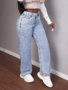 Slaydiva Jeans de moda con bolsillos y botones decorados con perlas falsas para tallas grandes - Lavado ligero - Ver 8