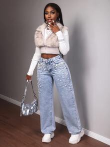 Slaydiva Jeans de moda con bolsillos y botones decorados con perlas falsas para tallas grandes - Lavado ligero - Ver 9