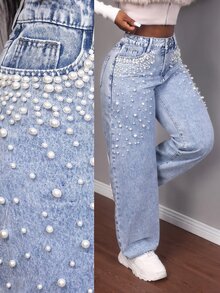 Slaydiva Jeans de moda con bolsillos y botones decorados con perlas falsas para tallas grandes - Lavado ligero - Ver 2
