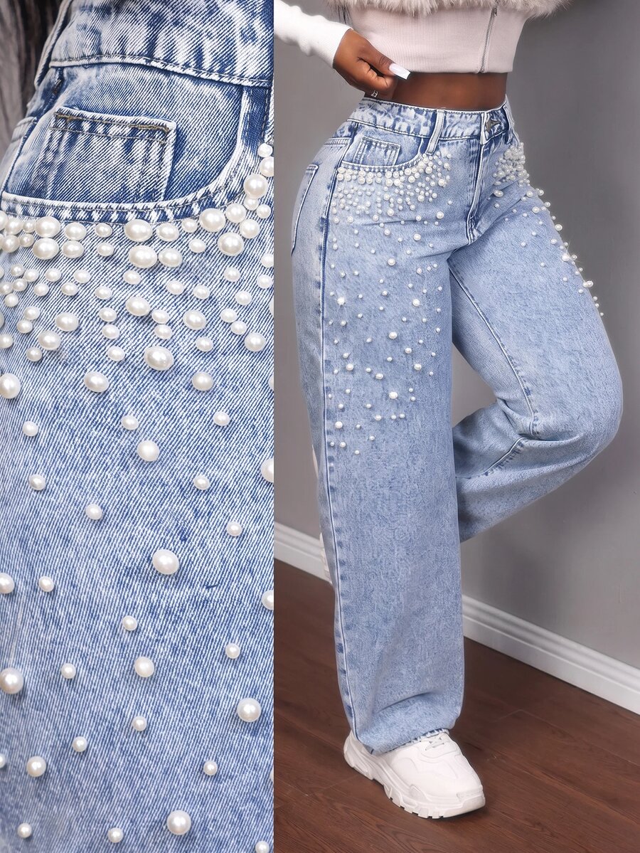 Slaydiva Jeans de moda con bolsillos y botones decorados con perlas falsas para tallas grandes