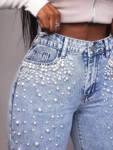 Slaydiva Jeans de moda con bolsillos y botones decorados con perlas falsas para tallas grandes - Lavado ligero - Ver 5