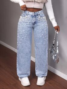 Slaydiva Jeans de moda con bolsillos y botones decorados con perlas falsas para tallas grandes - Lavado ligero - Ver 4