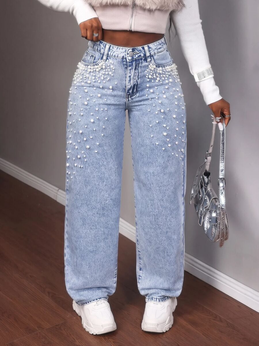 Slaydiva Plus Size Faux Pearl Decor Button Pocket Fashion Jeans Streetwear
