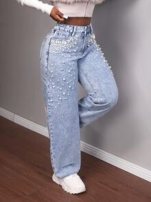 Slaydiva Jeans de moda con bolsillos y botones decorados con perlas falsas para tallas grandes - Lavado ligero - Ver 6