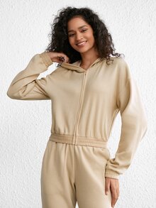 Ocili Leisure Zip Up Drop Shoulder Hooded Lounge Hoodie - Khaki - View 7