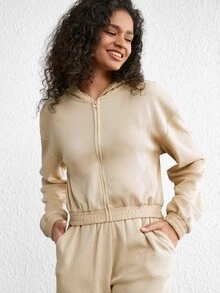 Ocili Leisure Zip Up Drop Shoulder Hooded Lounge Hoodie - Khaki - View 4