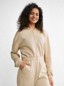 Ocili Leisure Zip Up Drop Shoulder Hooded Lounge Hoodie - Khaki - View 5