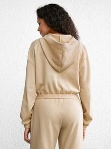 Ocili Leisure Zip Up Drop Shoulder Hooded Lounge Hoodie - Khaki - View 2