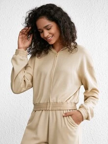Ocili Leisure Zip Up Drop Shoulder Hooded Lounge Hoodie - Khaki - View 6