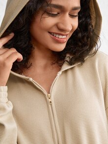 Ocili Leisure Zip Up Drop Shoulder Hooded Lounge Hoodie - Khaki - View 3