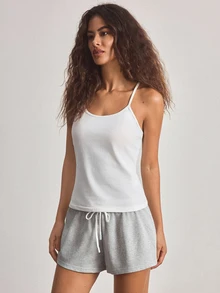 Ocili Women's Spring/Summer Basic Casual Minimalist White Knit Camisole & Shorts Pajama Set - Multicolor - View 3