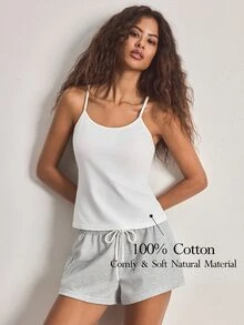 Ocili Women's Spring/Summer Basic Casual Minimalist White Knit Camisole & Shorts Pajama Set - Multicolor - View 1