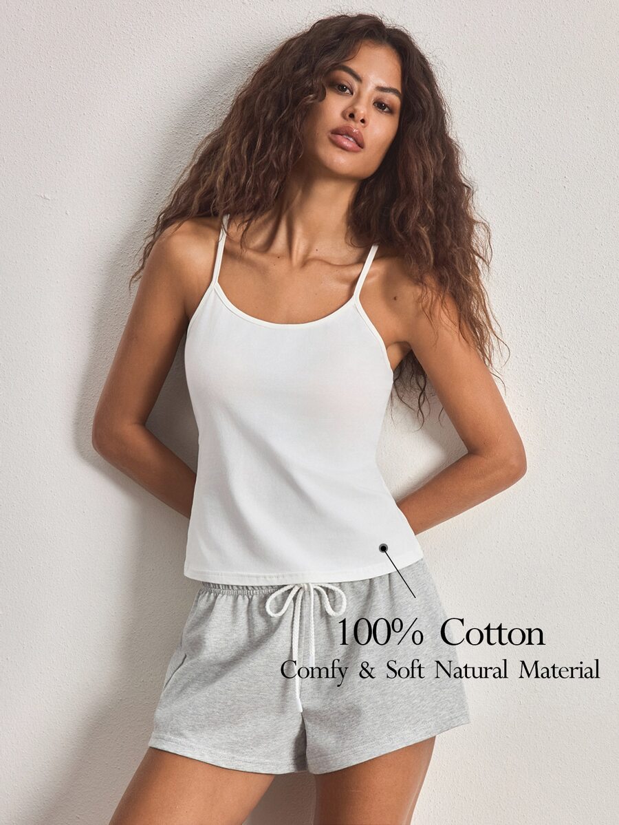 Ocili Women's Spring/Summer Basic Casual Minimalist White Knit Camisole & Shorts Pajama Set - Multicolor - View 1