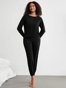 Ocili Leisure Women'S Round Neck Casual Home Clothing Top - Black - View 4