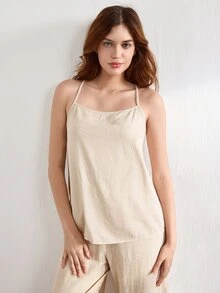 Ocili Leisure Solid Color Sleeveless Camisole Top With Spaghetti Straps For Home Wear - Khaki - View 5