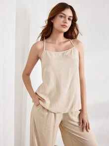 Ocili Leisure Solid Color Sleeveless Camisole Top With Spaghetti Straps For Home Wear - Khaki - View 4