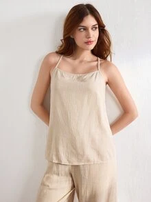Ocili Leisure Solid Color Sleeveless Camisole Top With Spaghetti Straps For Home Wear - Khaki - View 7