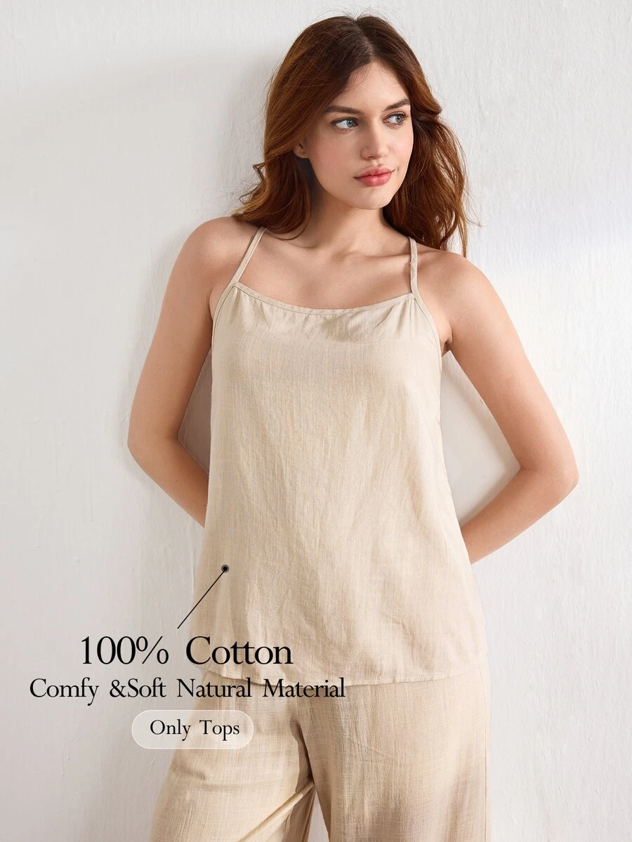 Ocili Leisure Solid Color Sleeveless Camisole Top With Spaghetti Straps For Home Wear - Khaki - View 1